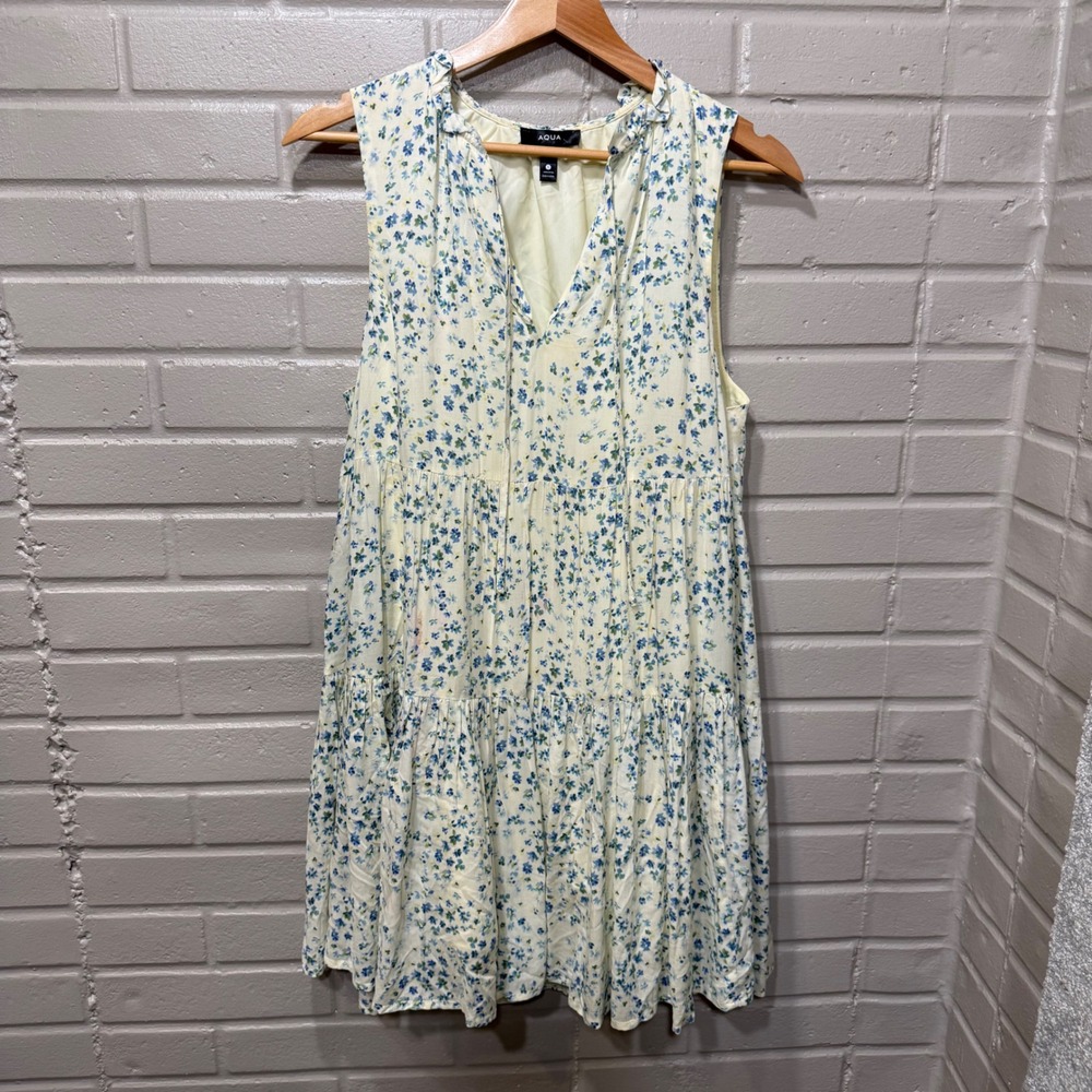 AQUA Yellow Blue Floral Tiered Mini Dress Ruffle Tie Neck Sleeveless Small Flaw - Picture 5 of 14